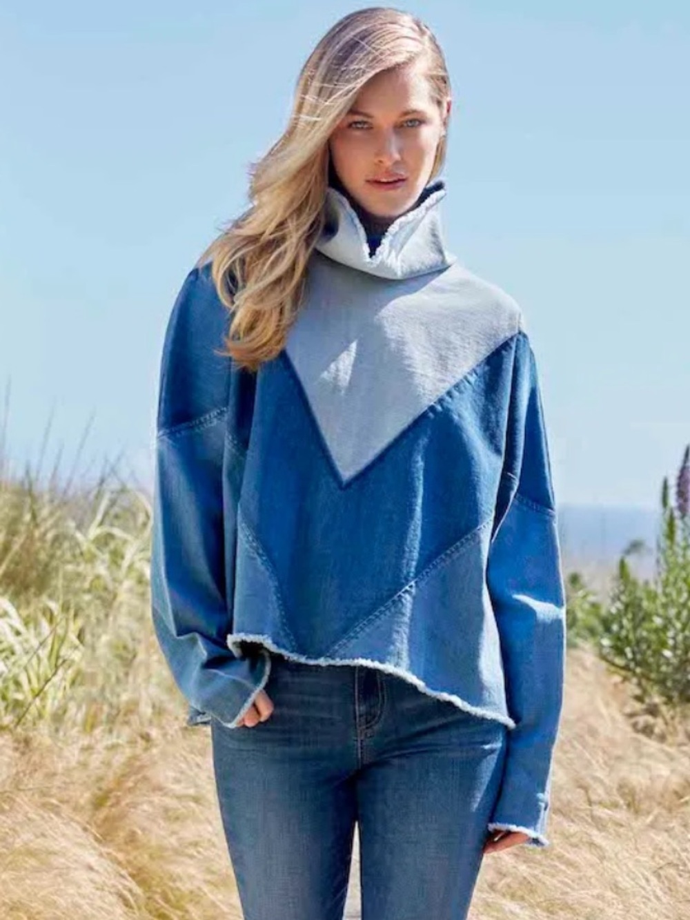 Ella Moss Two-Tone Denim Chevron Pullover - Light Blue & Medium Blue